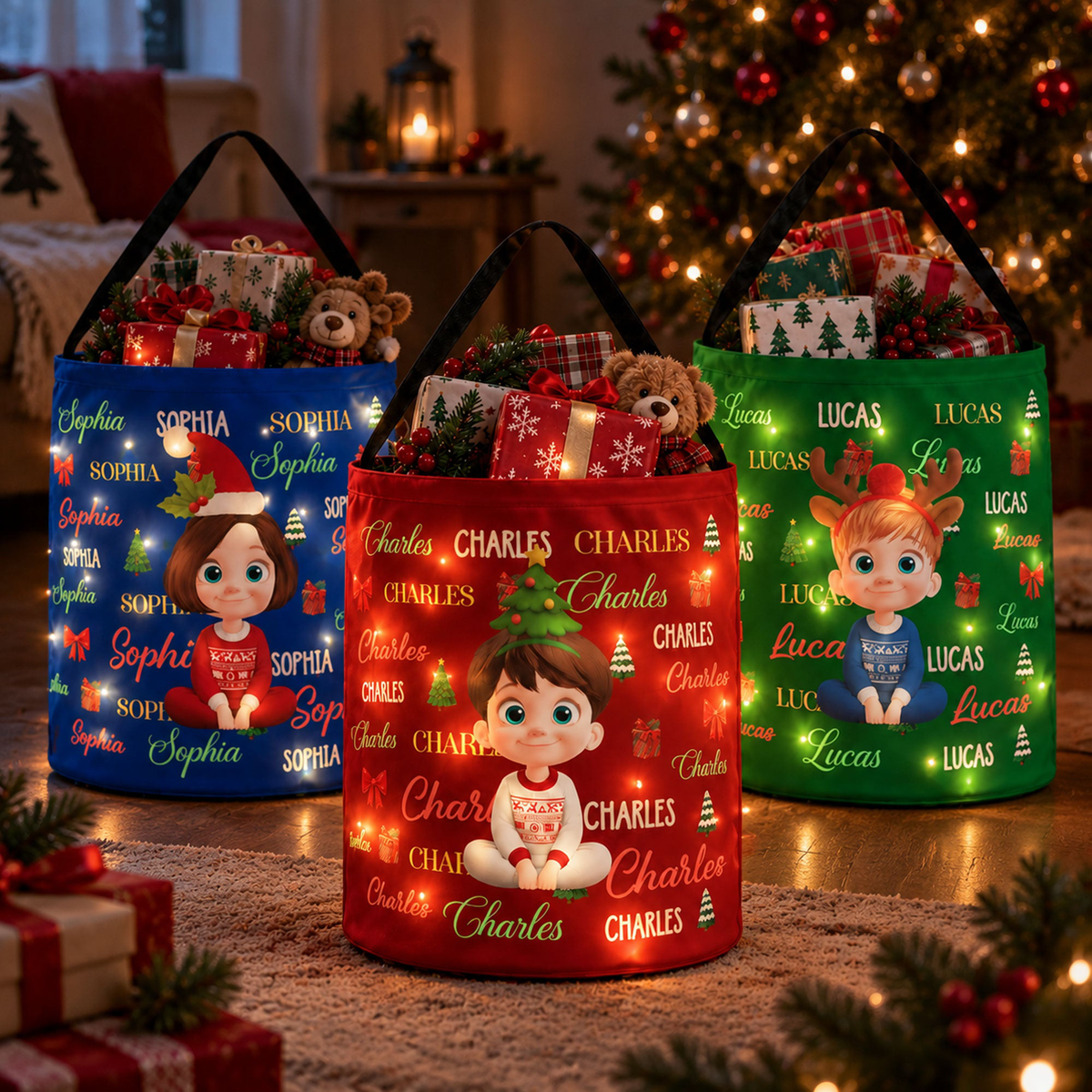 Custom Charaacter Christmas Gift Bag, Christmas Bag With Name, Holiday Gift Bag, Santa Gift Bag, Family Christmas Sack - Personalized Basket