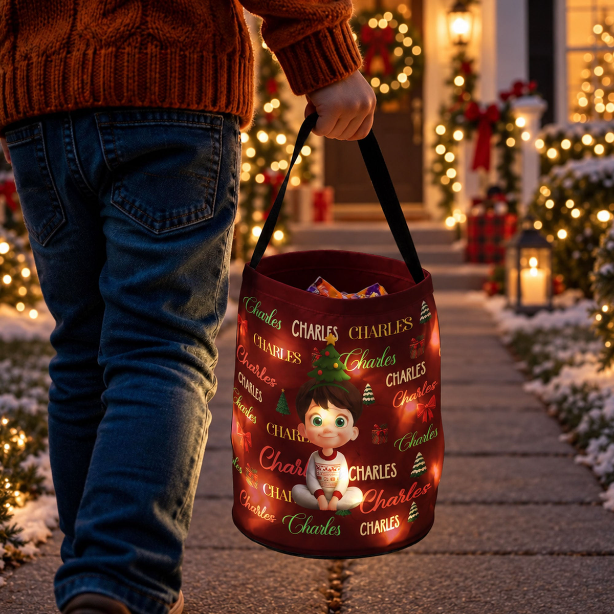 Custom Charaacter Christmas Gift Bag, Christmas Bag With Name, Holiday Gift Bag, Santa Gift Bag, Family Christmas Sack - Personalized Basket