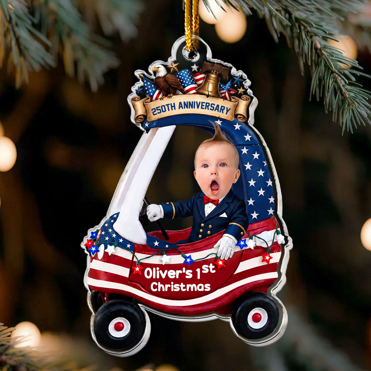 Custom Cute Face Baby First Christmas 250th Anniversary - Personalized Ornament