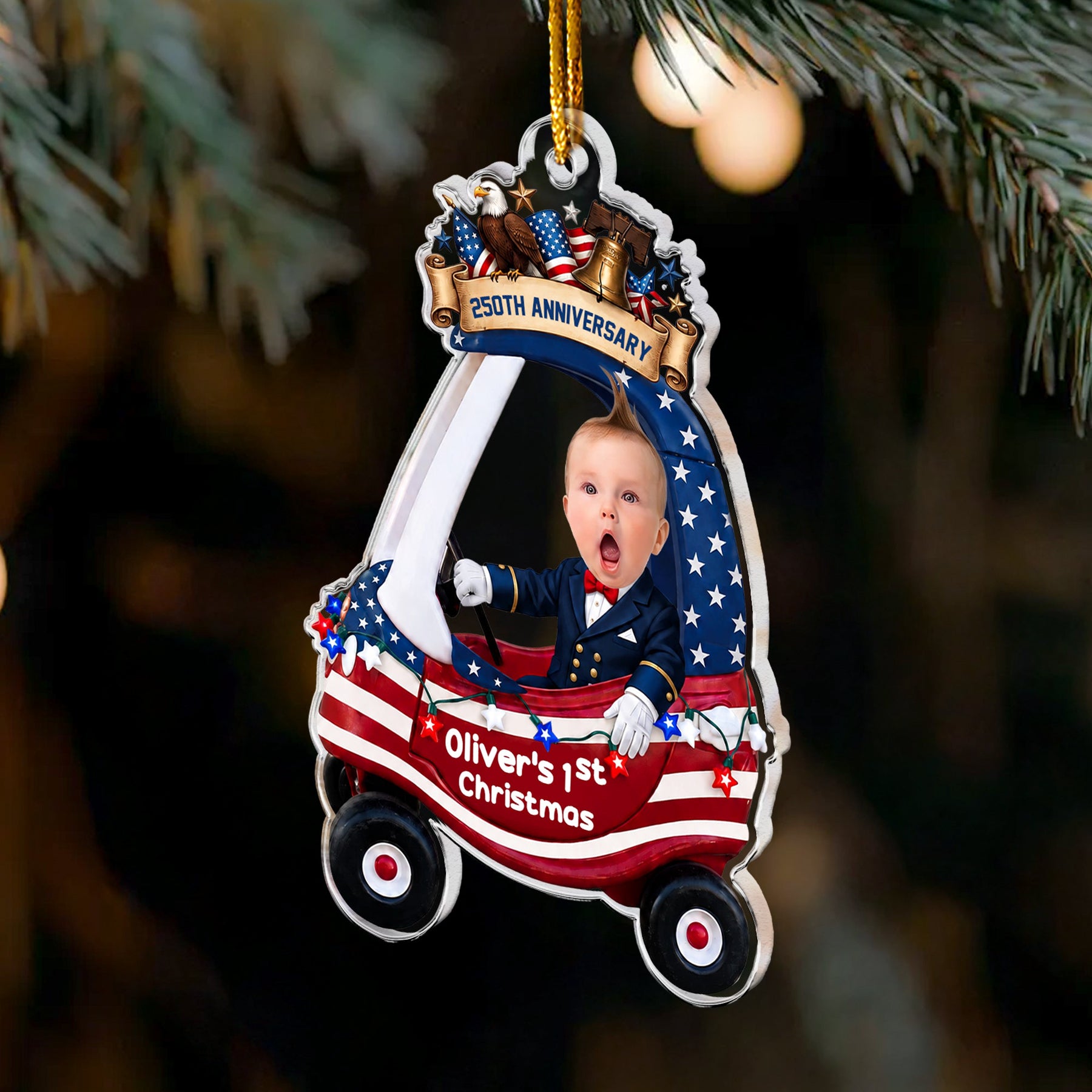 Custom Cute Face Baby First Christmas 250th Anniversary - Personalized Ornament