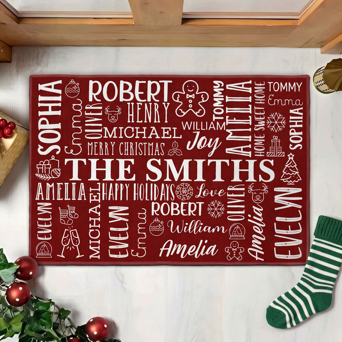 Custom Family Name Merry Christmas Home Sweet Home - Personalized Doormat
