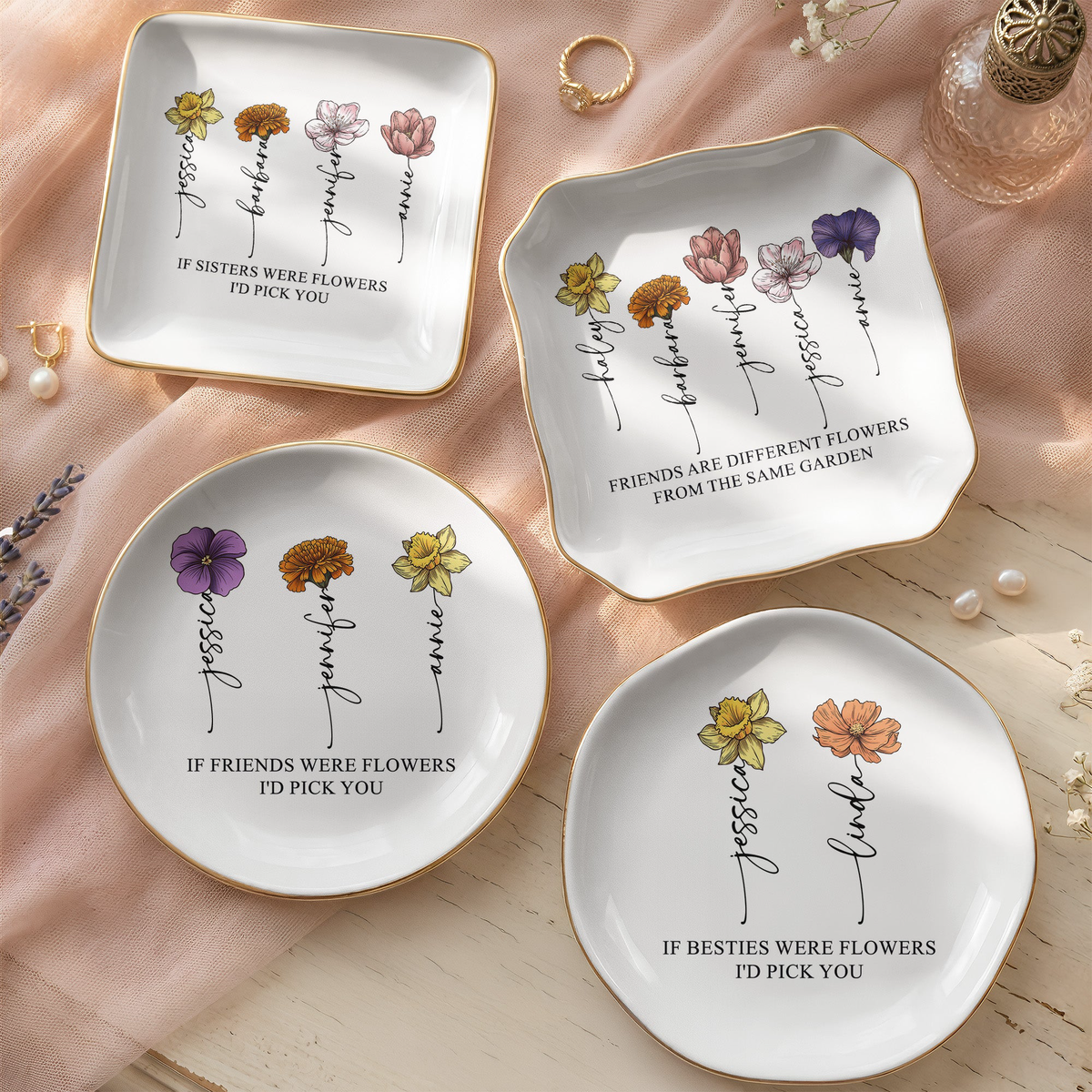 Custom Name & Birth Flower Friendship Ring Dish For Her, Friends, Soul Sisters - Personalized Jewelry Dish