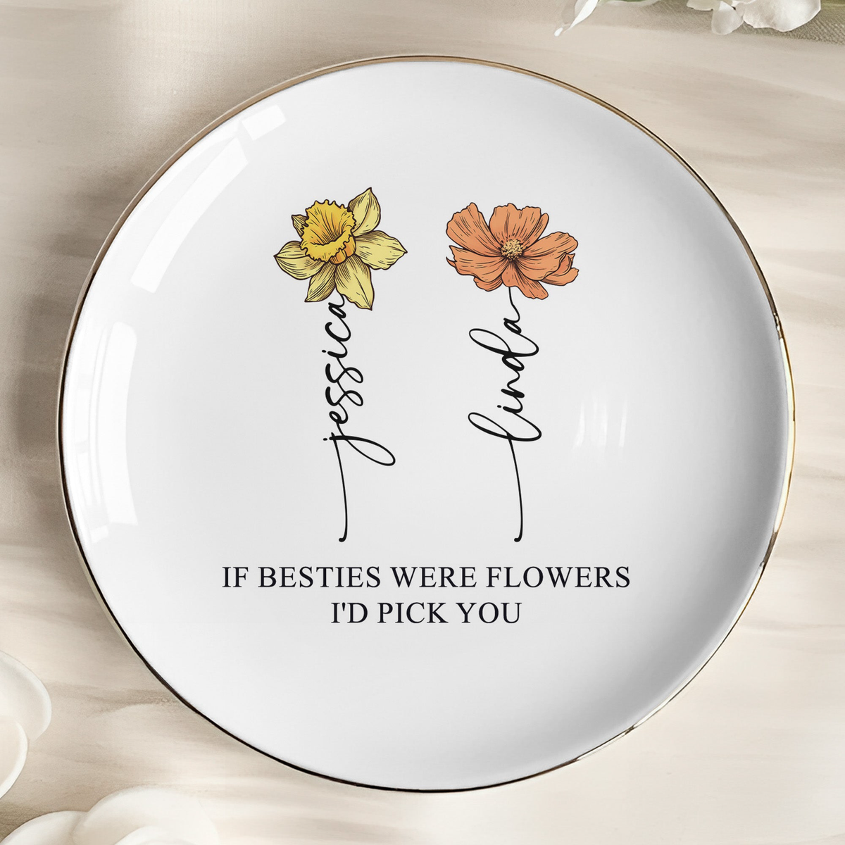Custom Name & Birth Flower Friendship Ring Dish For Her, Friends, Soul Sisters - Personalized Jewelry Dish