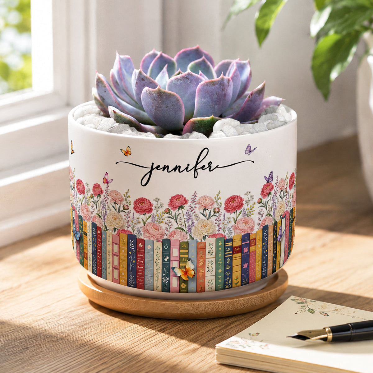 Custom Name & Birthflower For Book Lovers, Book Clubs - Personalized Plant Pot