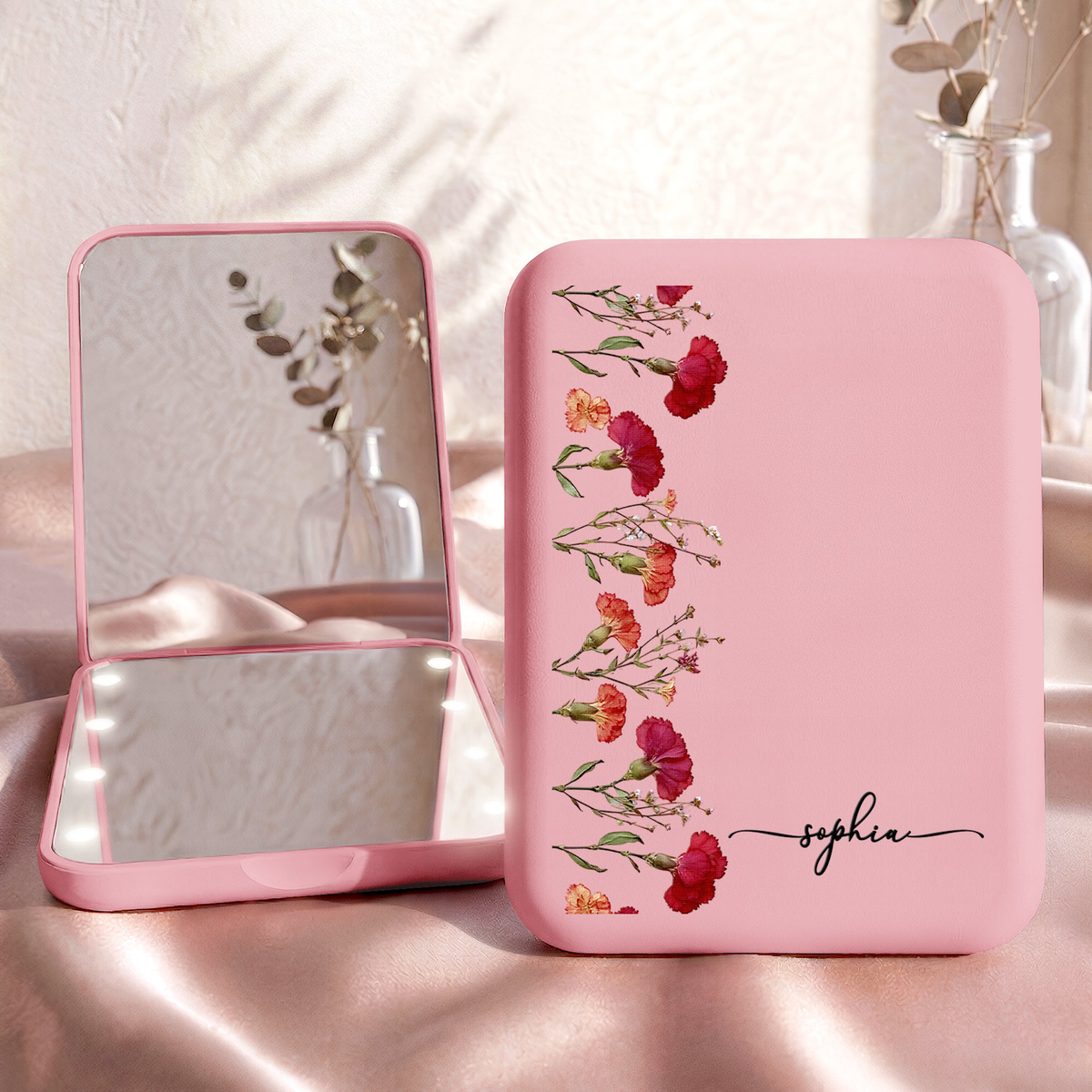 Custom Name, Birth Flower Birthday Gift For Her, Sisters, Daughter, Friends - Personalized Mirror