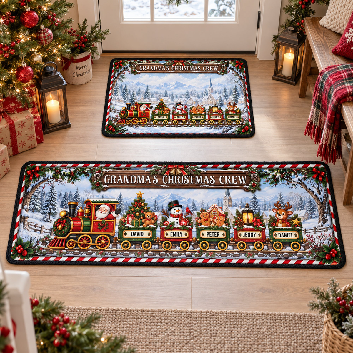 Custom Name Family Christmas Crew Rug, Custom Name Christmas Train Runner, Family Holiday Rug,Christmas Kitchen Mat - Personalized Runner Rug