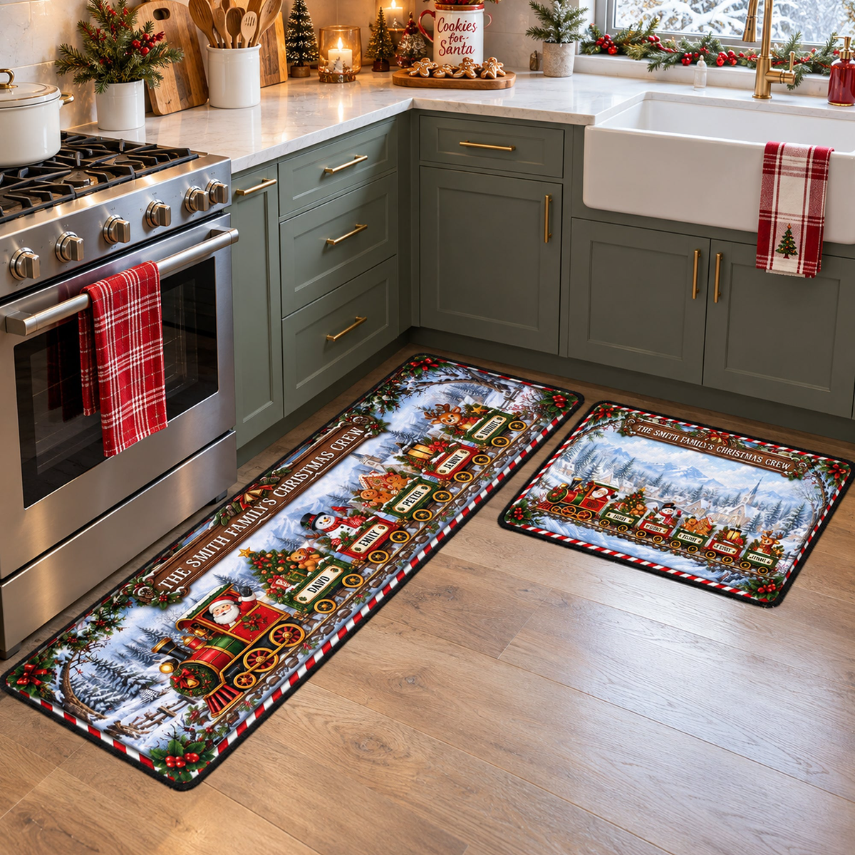 Custom Name Family Christmas Crew Rug, Custom Name Christmas Train Runner, Family Holiday Rug,Christmas Kitchen Mat - Personalized Runner Rug
