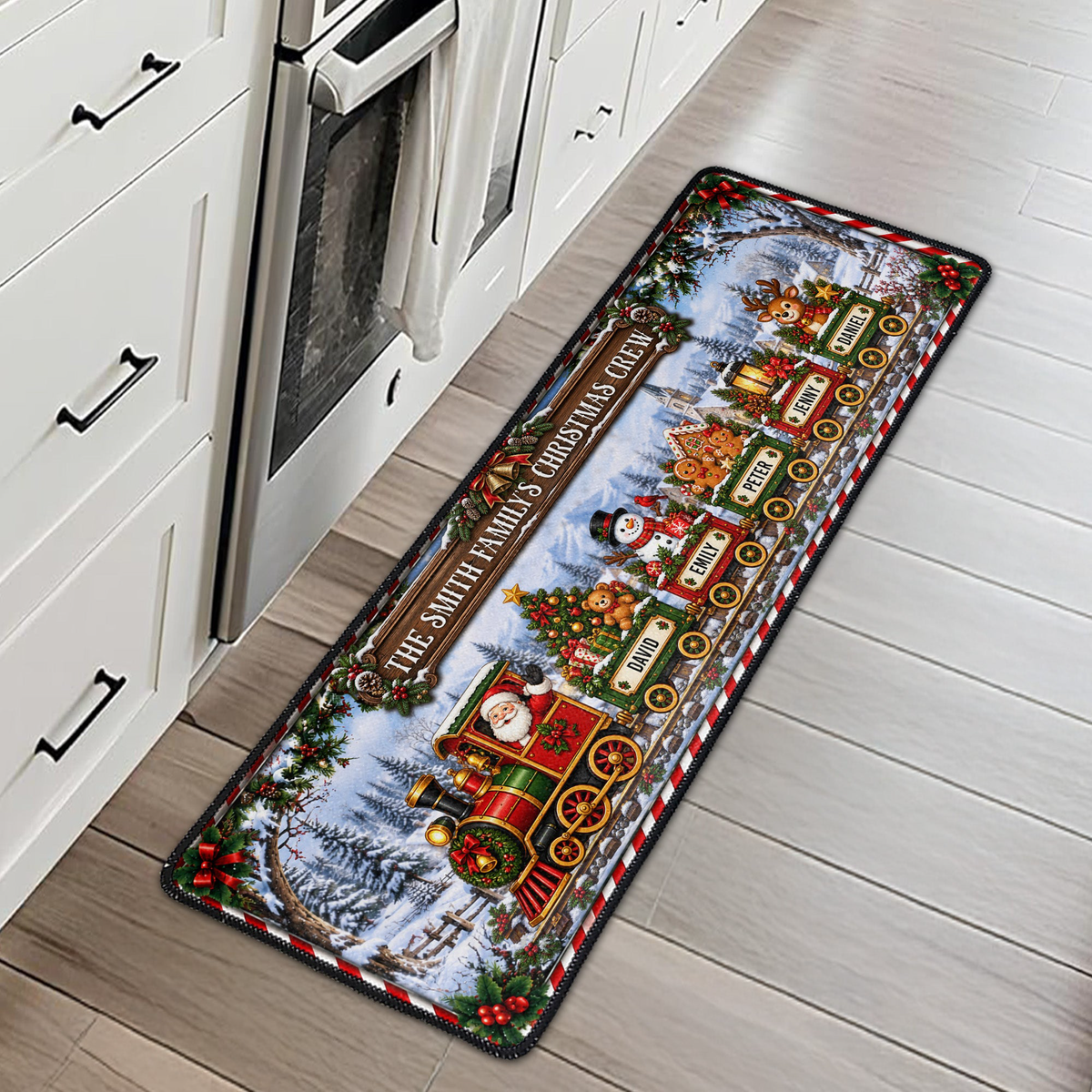 Custom Name Family Christmas Crew Rug, Custom Name Christmas Train Runner, Family Holiday Rug,Christmas Kitchen Mat - Personalized Runner Rug