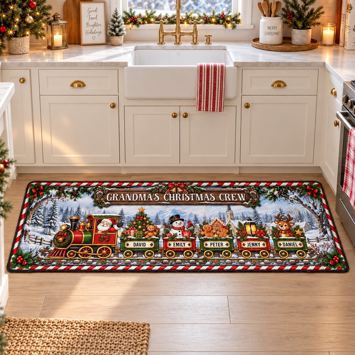 Custom Name Family Christmas Crew Rug, Custom Name Christmas Train Runner, Family Holiday Rug,Christmas Kitchen Mat - Personalized Runner Rug