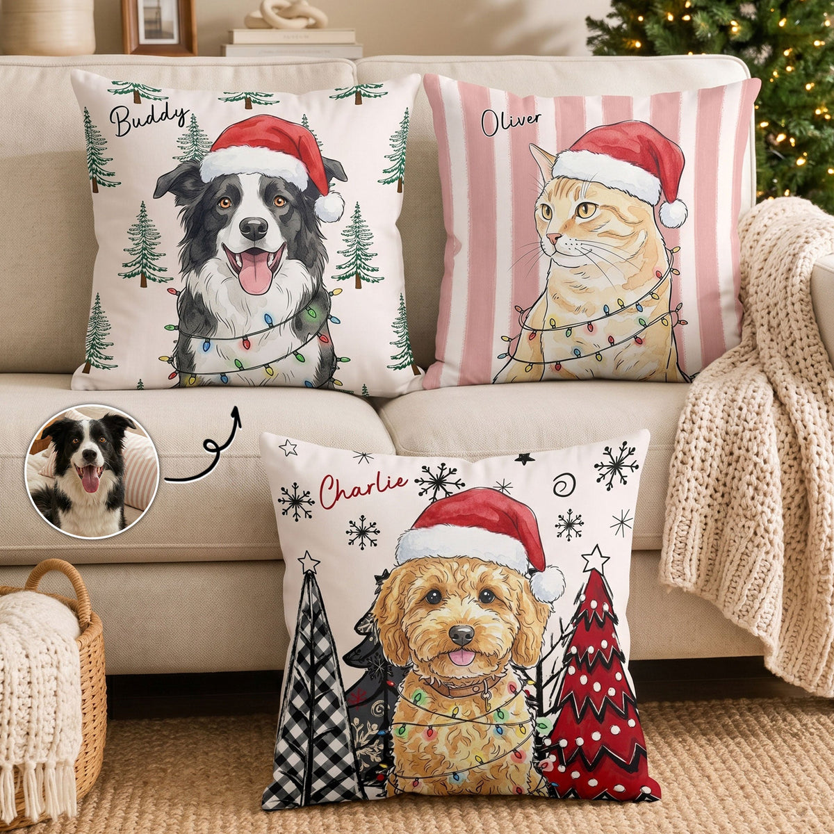 Custom Pet Photo Watercolor Art Christmas Winter Decor Gift - Personalized Pillow