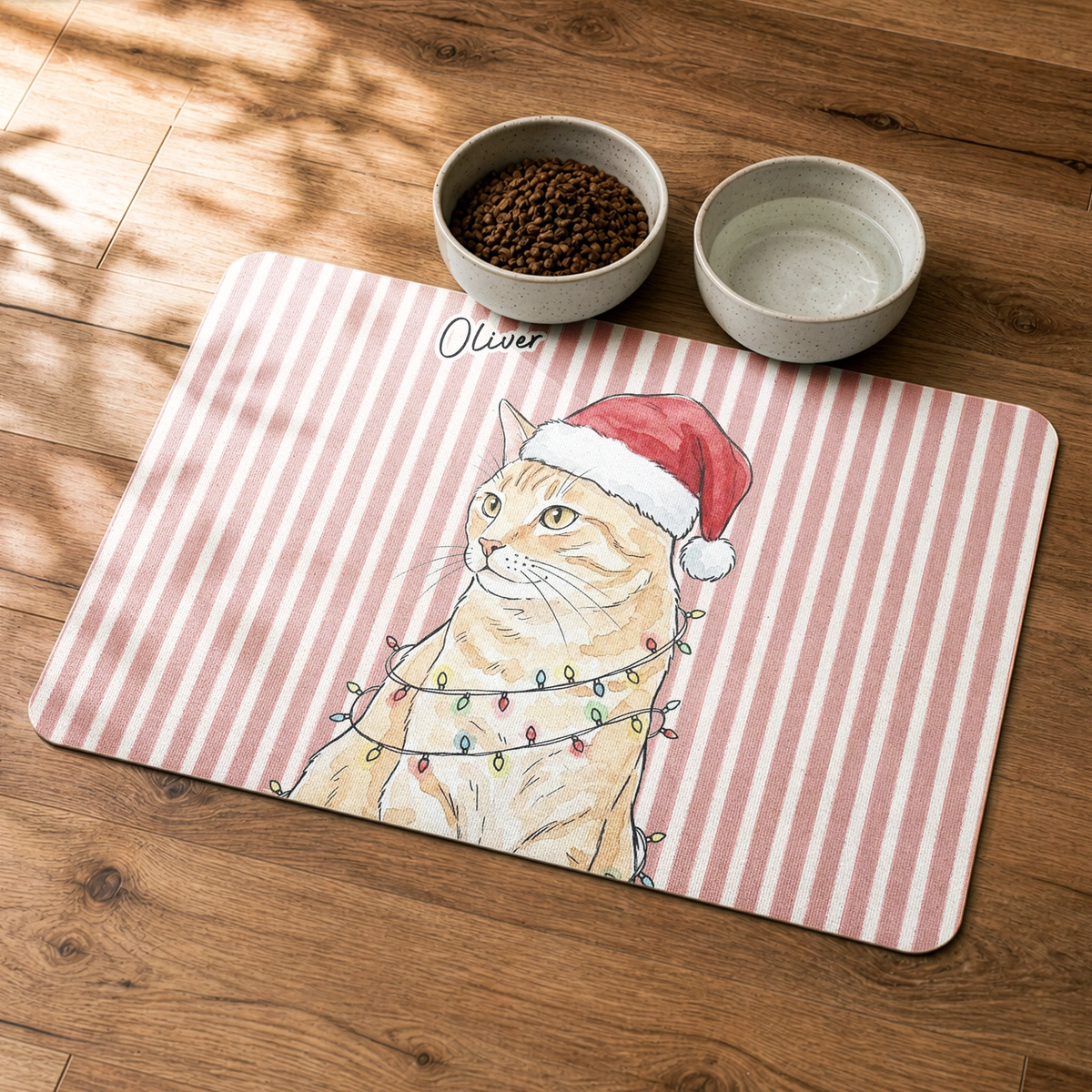 Custom Pet Photo Watercolor Christmas Food Placemat - Personalized Pet Feeding Mat
