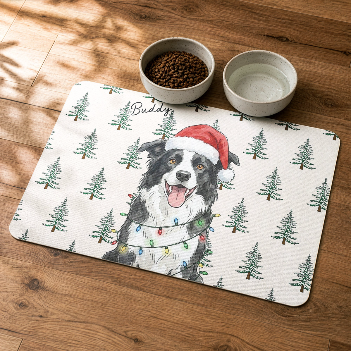 Custom Pet Photo Watercolor Christmas Food Placemat - Personalized Pet Feeding Mat