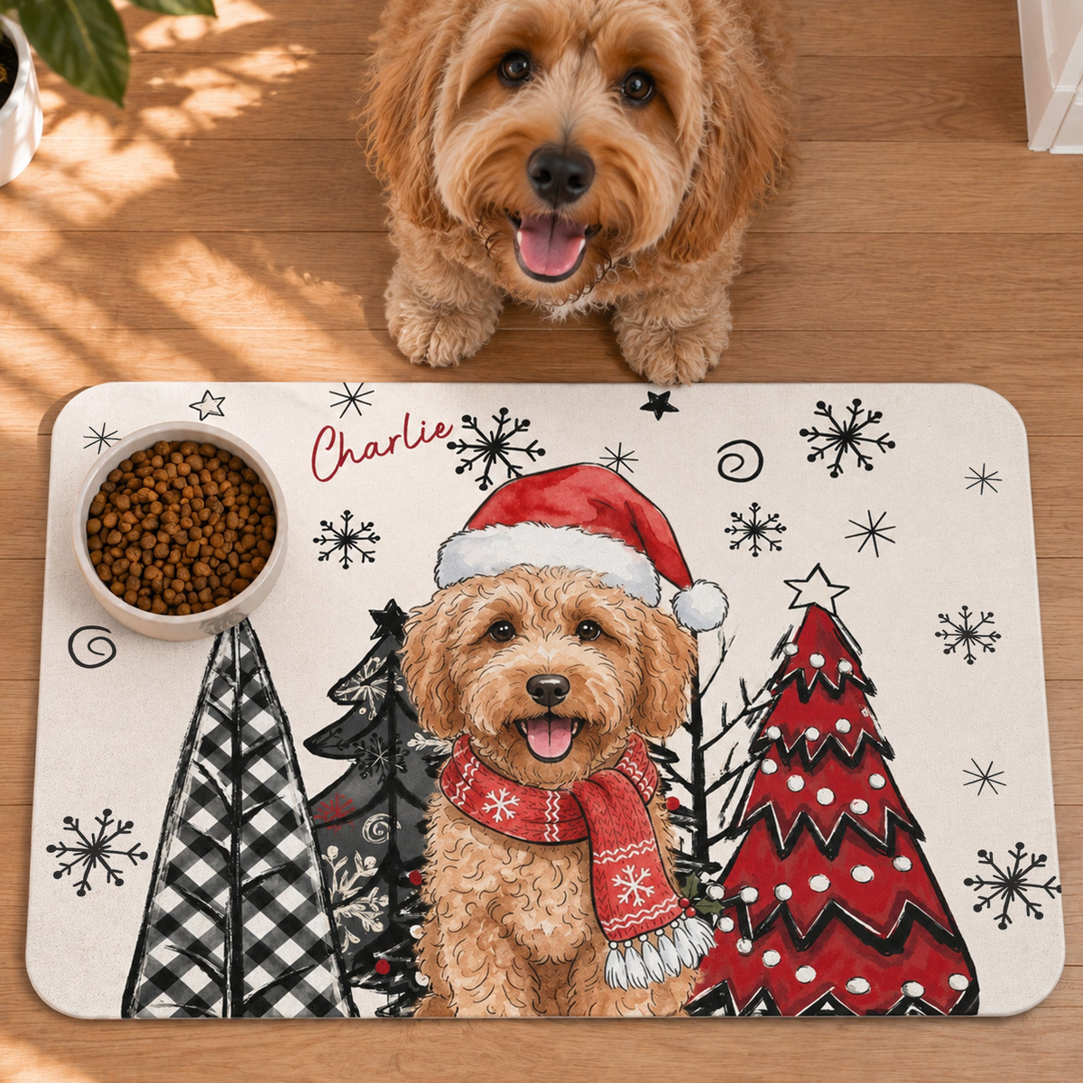 Custom Pet Photo Watercolor Christmas Food Placemat - Personalized Pet Feeding Mat