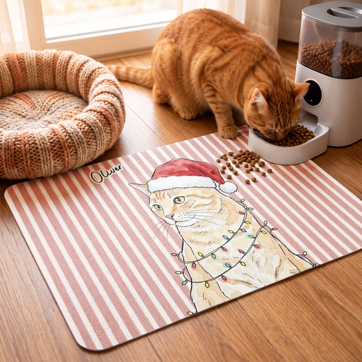 Custom Pet Photo Watercolor Christmas Food Placemat - Personalized Pet Feeding Mat