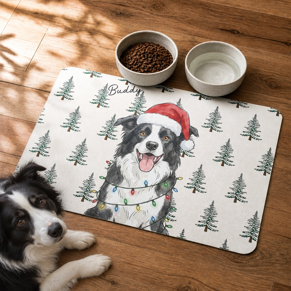 Custom Pet Photo Watercolor Christmas Food Placemat - Personalized Pet Feeding Mat