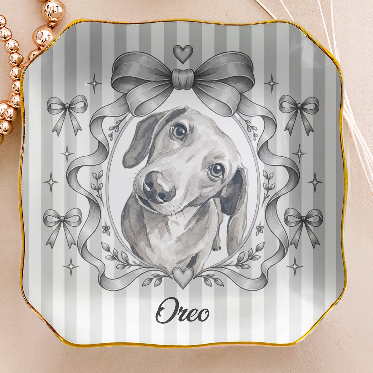 Custom Pet Portrait Coquette Tray, Dog Cat Pet Lover Gift For Her, Pet Memorial Keepsake - Personalized Jewelry Dish