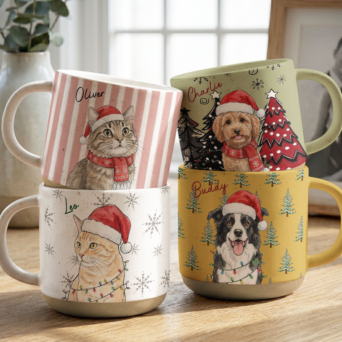 Custom Pet Portrait Watercolor Pottery Mug Christmas Gift - Personalized Mug