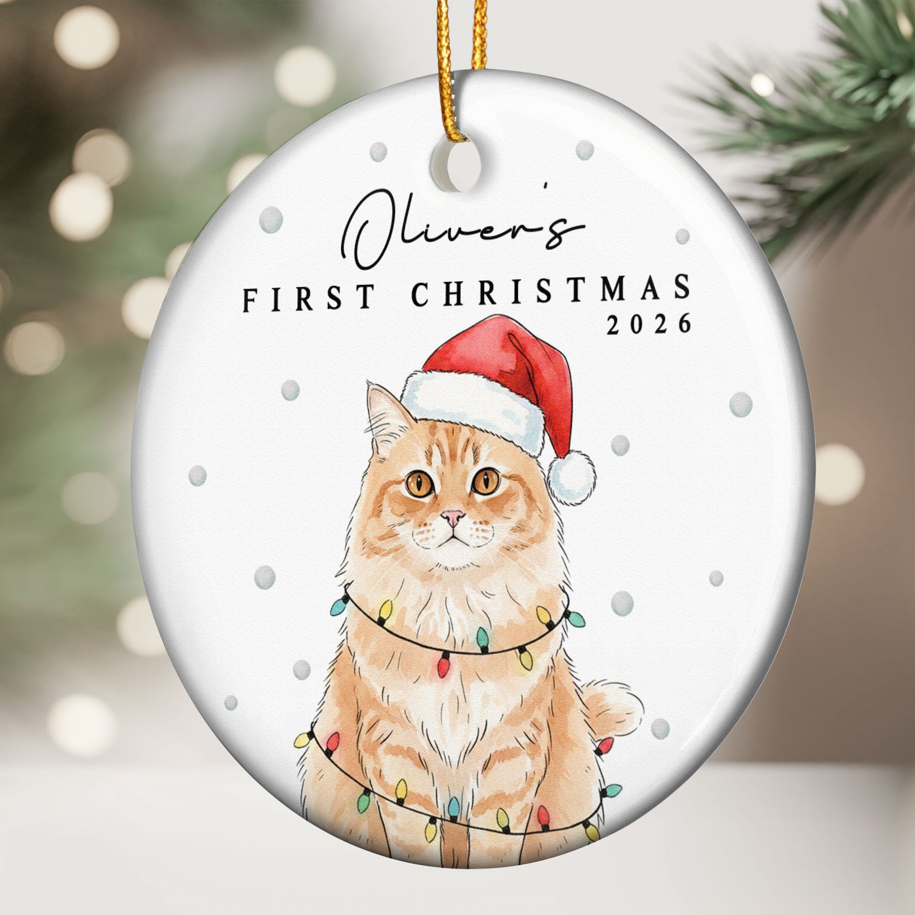 Custom Pet Portrait Watercolor With Santa Hat First Christmas - Personalized Ornament