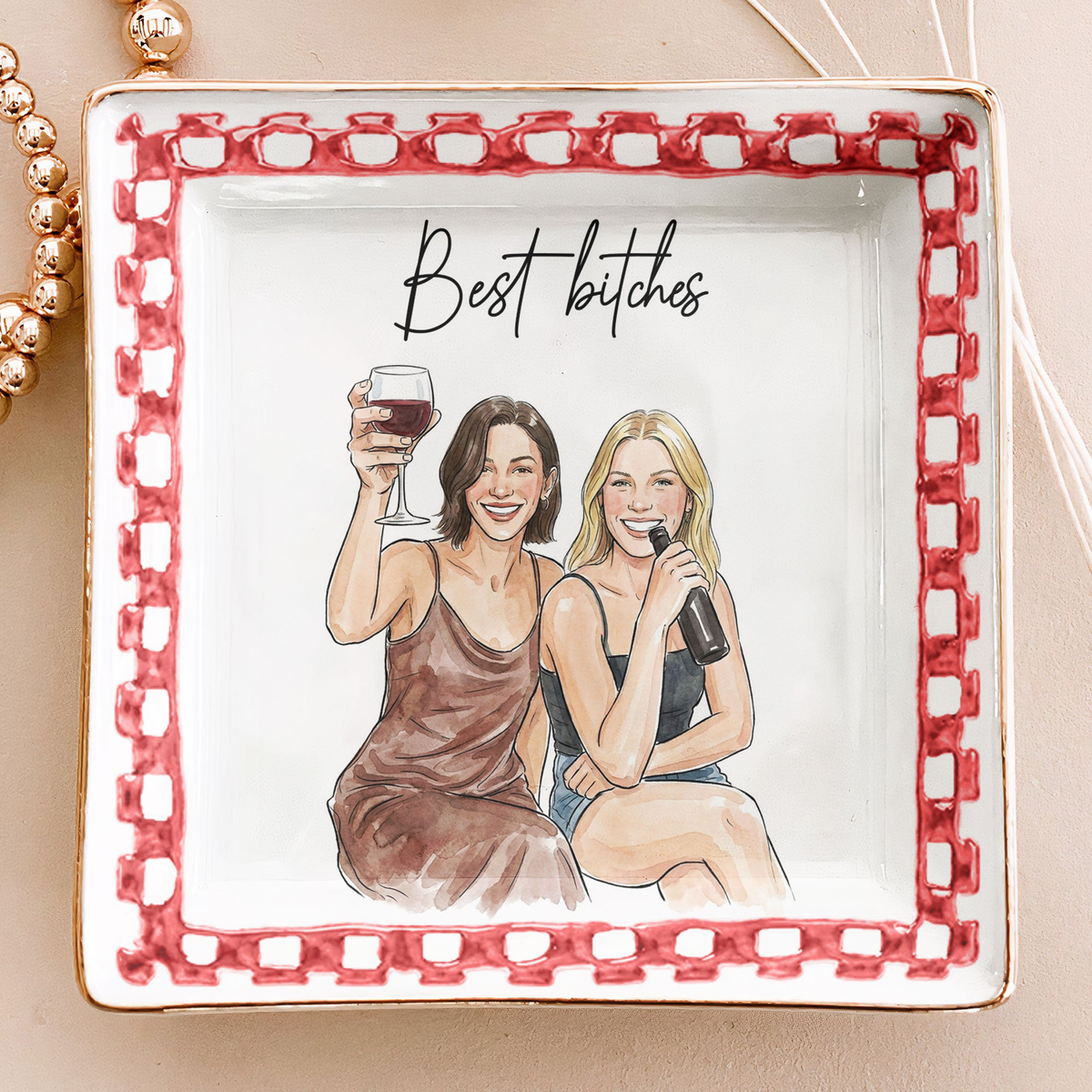 Custom Photo Best Friends Watercolor Gifts For Her, BFF, Sisters - Personalized Jewelry Dish