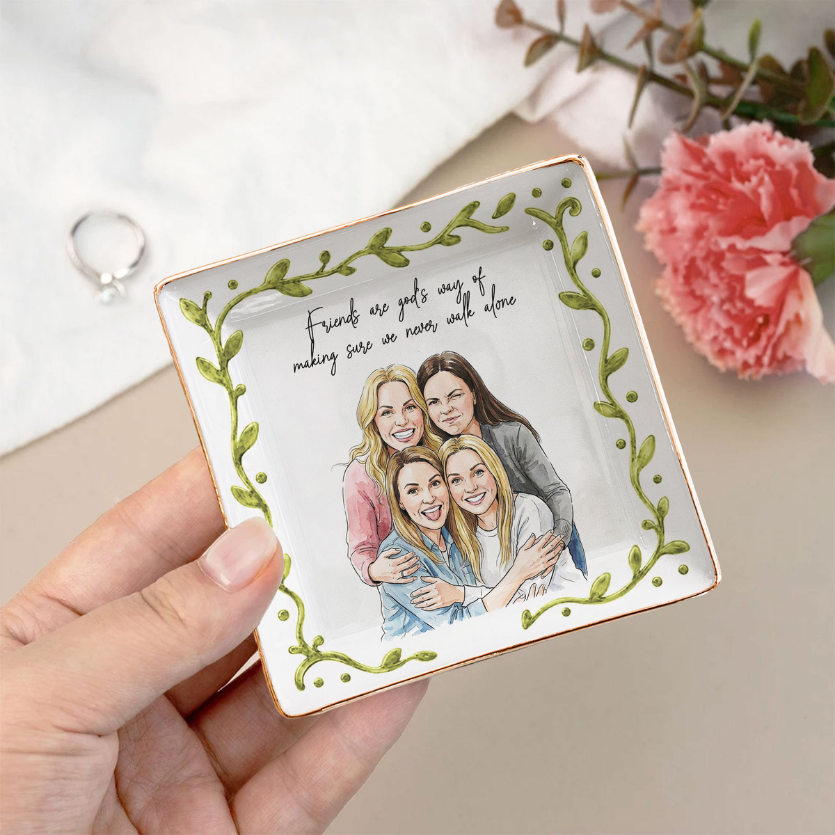 Custom Photo Best Friends Watercolor Gifts For Her, BFF, Sisters - Personalized Jewelry Dish