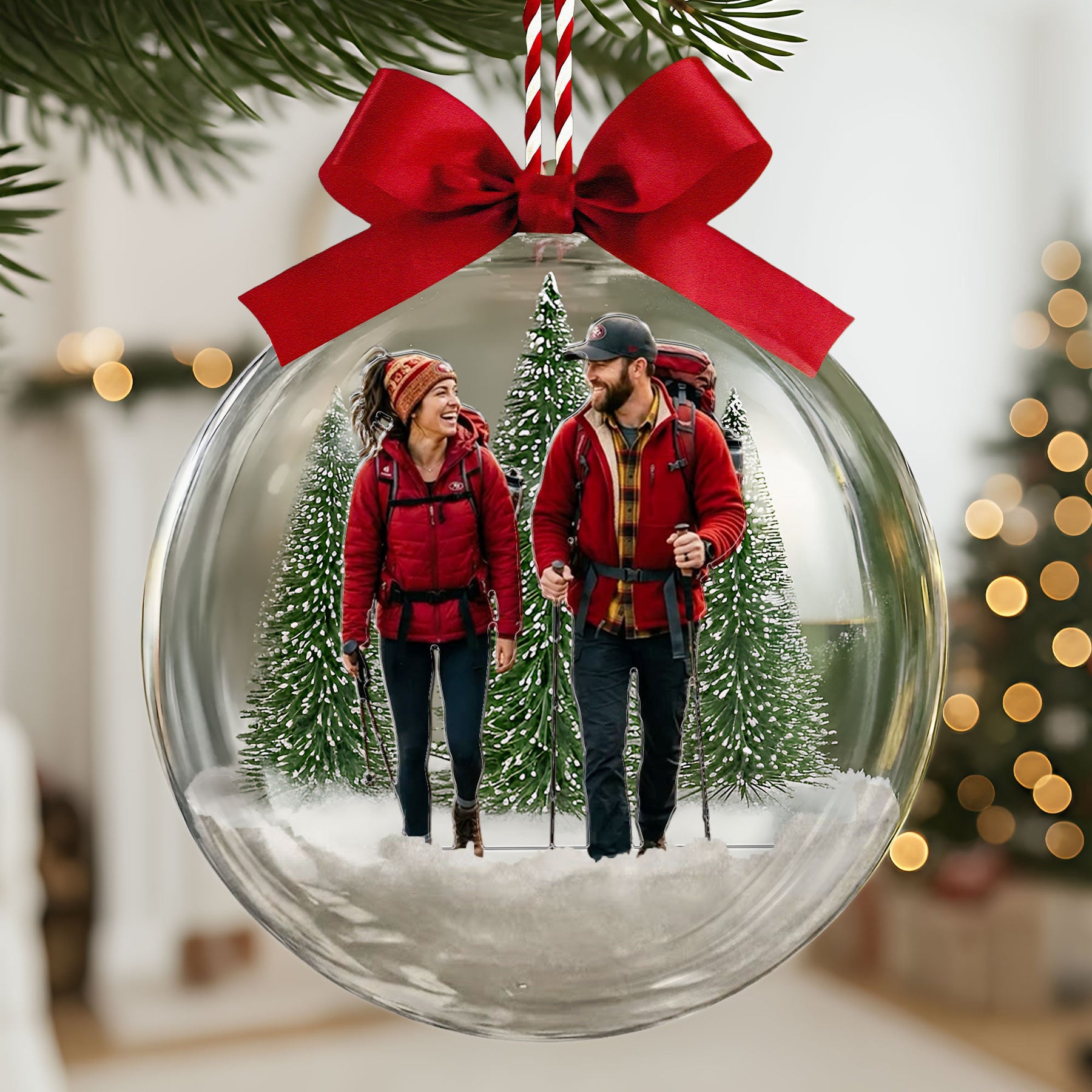 Custom Photo Hiking Snow Ball Ornament, Gift For Hiking Trekking Lover, Mountain Hiking Gift For Hiker, Mountain Climber - Personalized Ornament