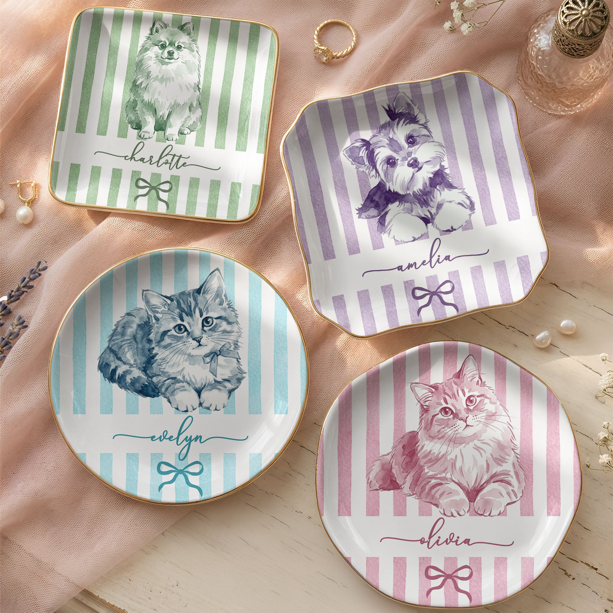 Custom Photo Pet Portrait Watercolor Stripe Coquette - Personalized Jewelry Dish