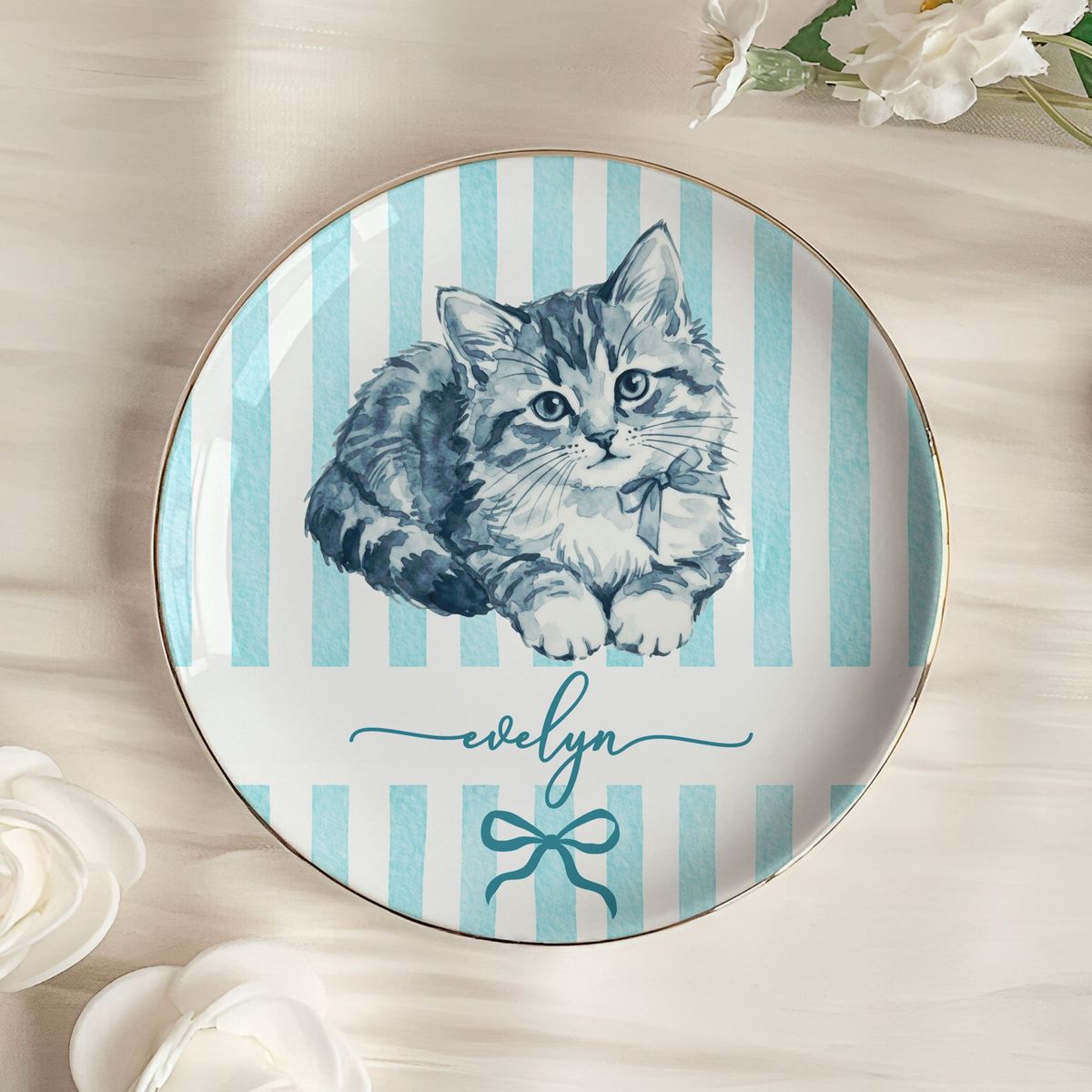 Custom Photo Pet Portrait Watercolor Stripe Coquette - Personalized Jewelry Dish
