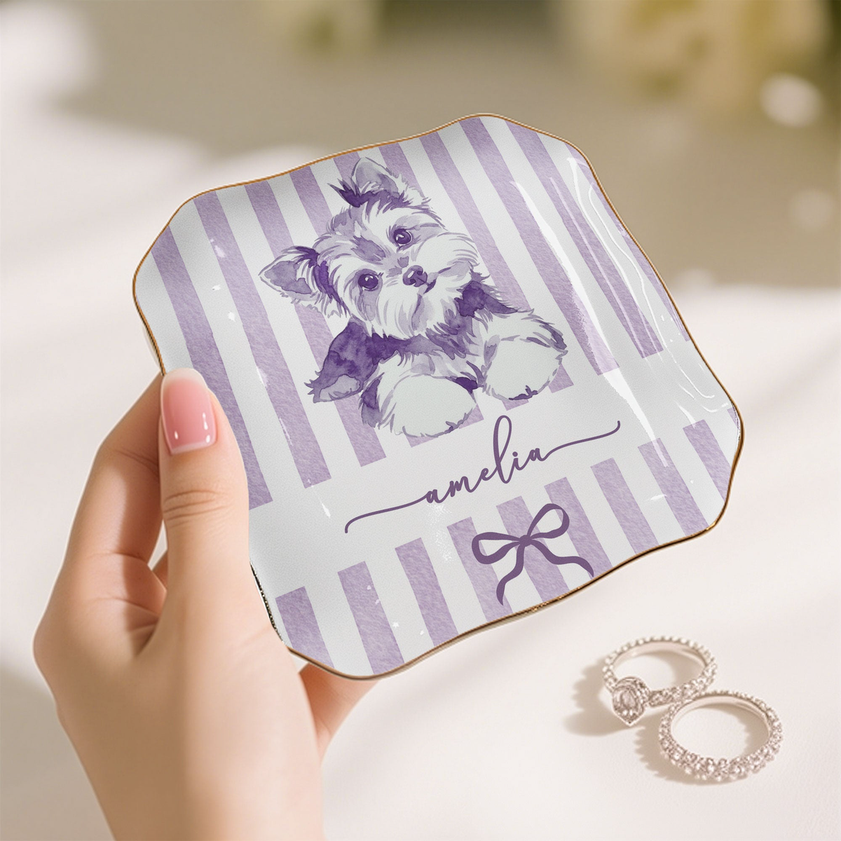 Custom Photo Pet Portrait Watercolor Stripe Coquette - Personalized Jewelry Dish
