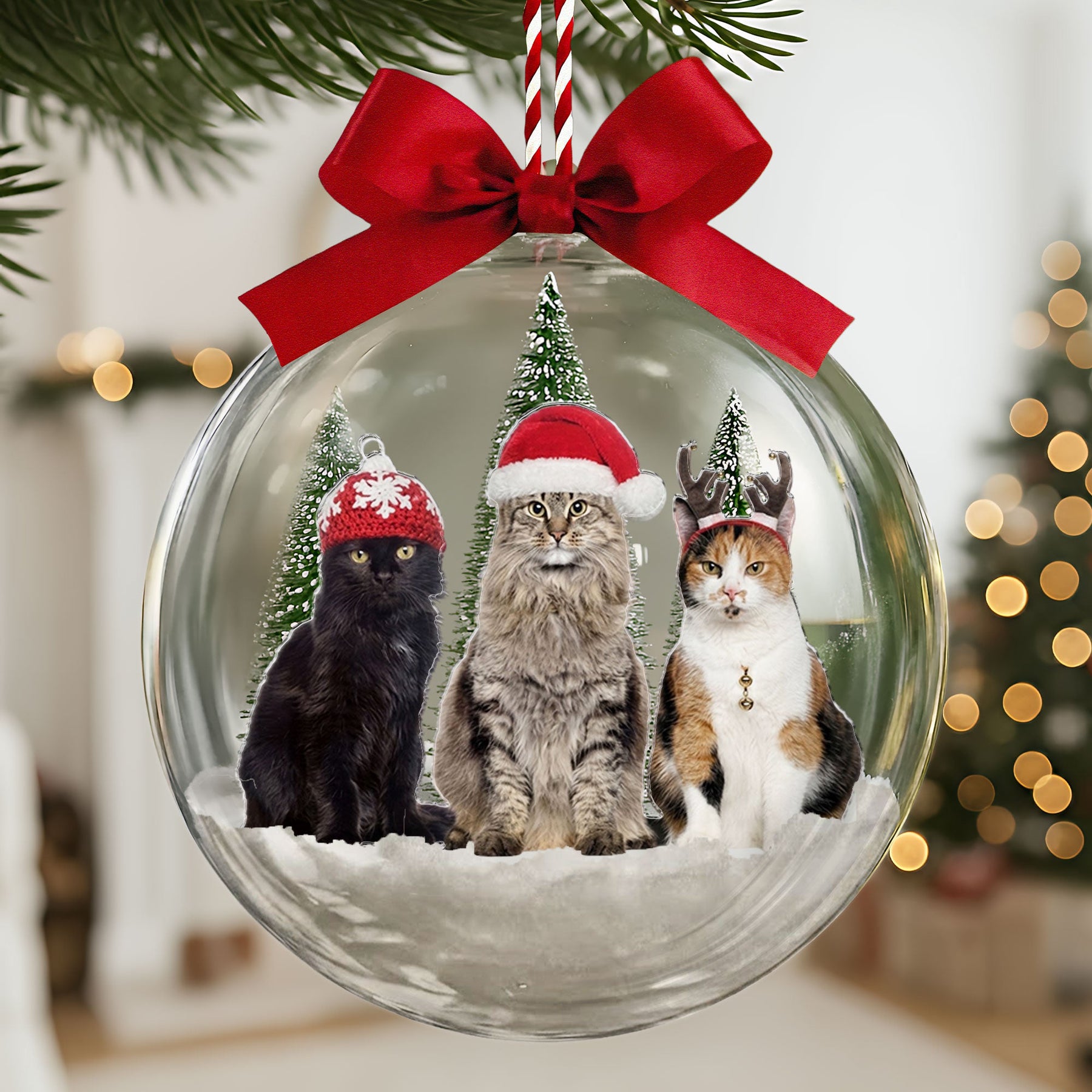 Custom Photo Pet Snow Ball Ornament, Christmas Gift For Cat Lover, Cat Portrait Baulble For Xmas Tree - Personalized Ornament