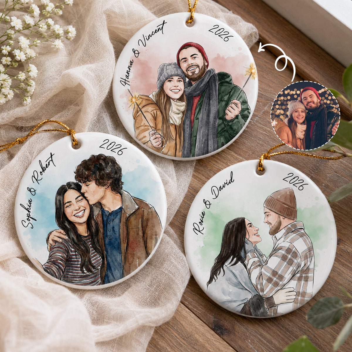 Custom Photo Watercolor Art Anniversary Christmas Gifts For Couple - Personalized Ornament