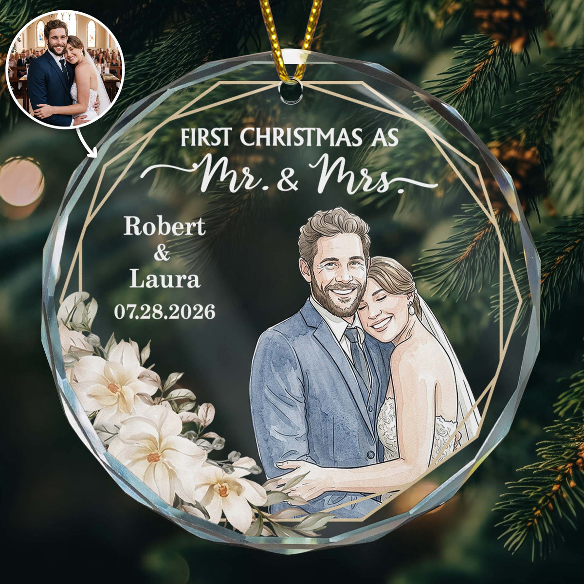 Custom Photo Watercolor Art First Christmas As Mr & Mrs Couple Gifts - Personalized Ornament