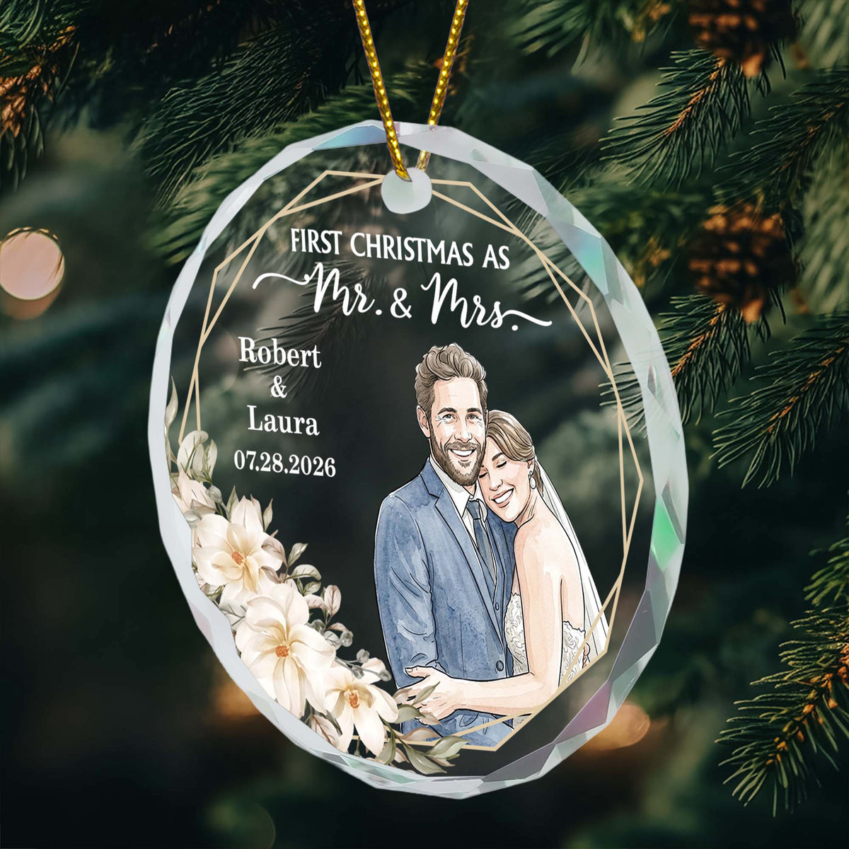 Custom Photo Watercolor Art First Christmas As Mr & Mrs Couple Gifts - Personalized Ornament