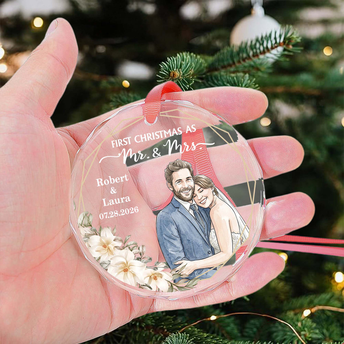Custom Photo Watercolor Art First Christmas As Mr & Mrs Couple Gifts - Personalized Ornament
