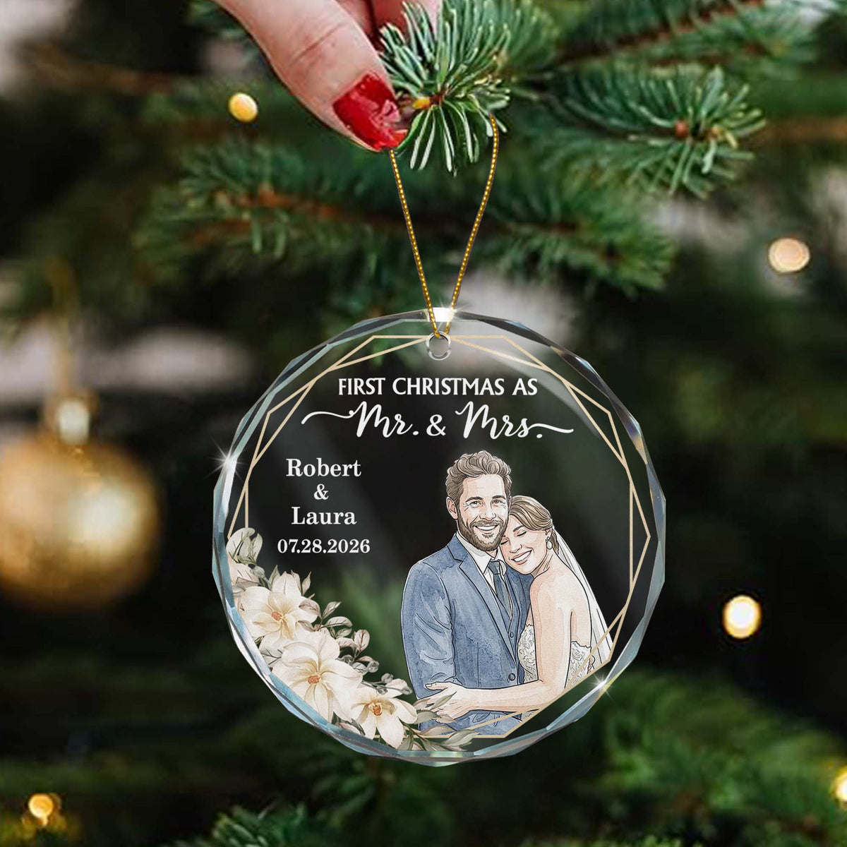 Custom Photo Watercolor Art First Christmas As Mr & Mrs Couple Gifts - Personalized Ornament