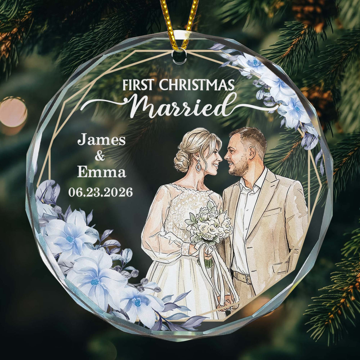 Custom Photo Watercolor Art First Christmas As Mr & Mrs Couple Gifts - Personalized Ornament