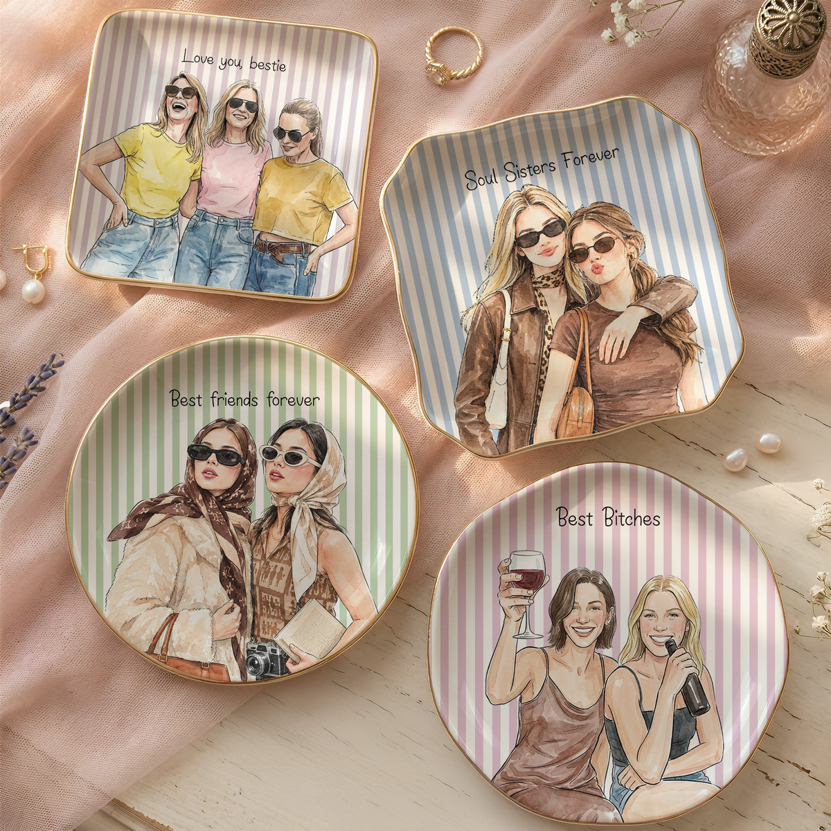 Custom Photo Watercolor Besties Forever Friends Forever - Personalized Jewelry Dish