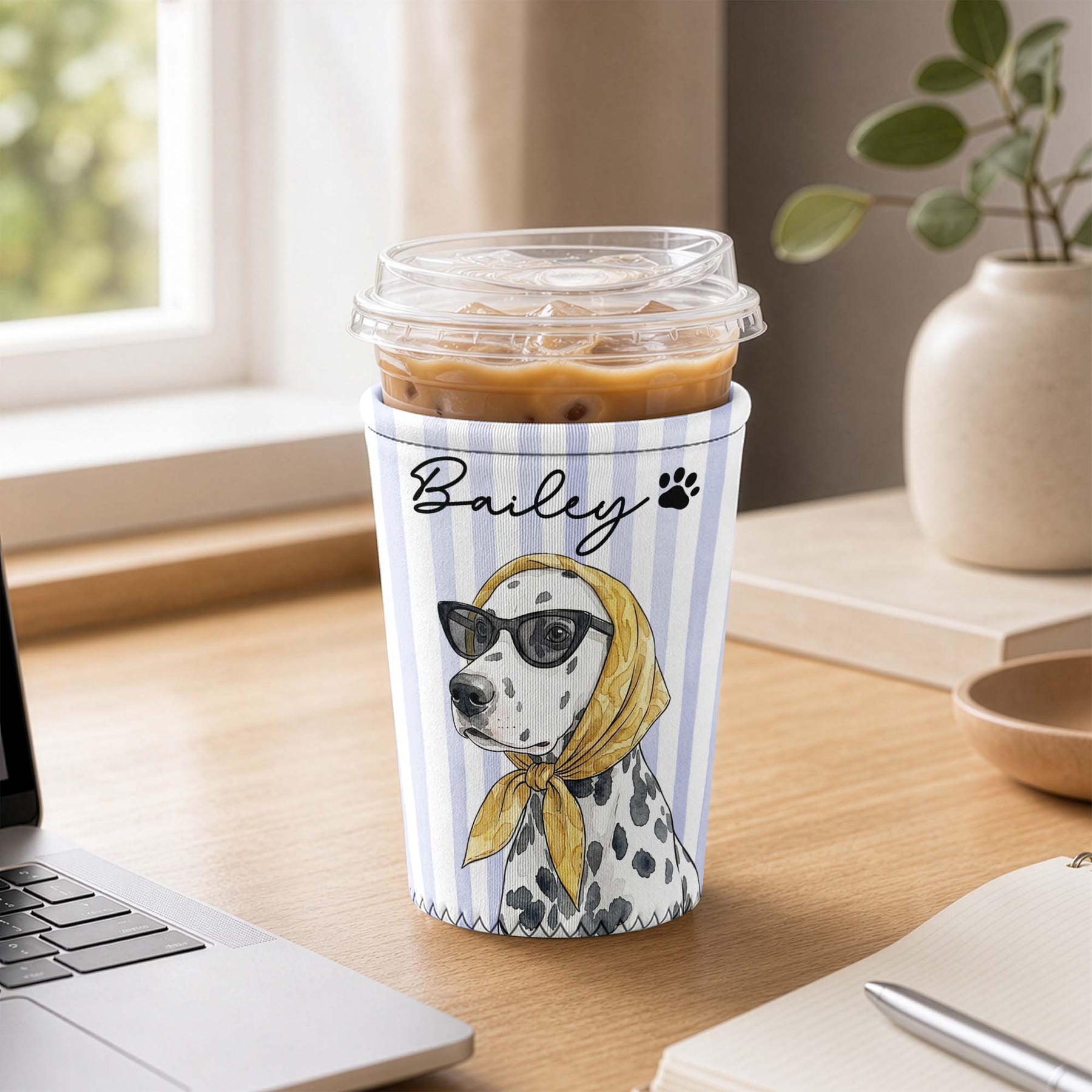 Custom Striped Pattern Watercolor Pet Portrait - Personalized Iced Coffee Sleeve