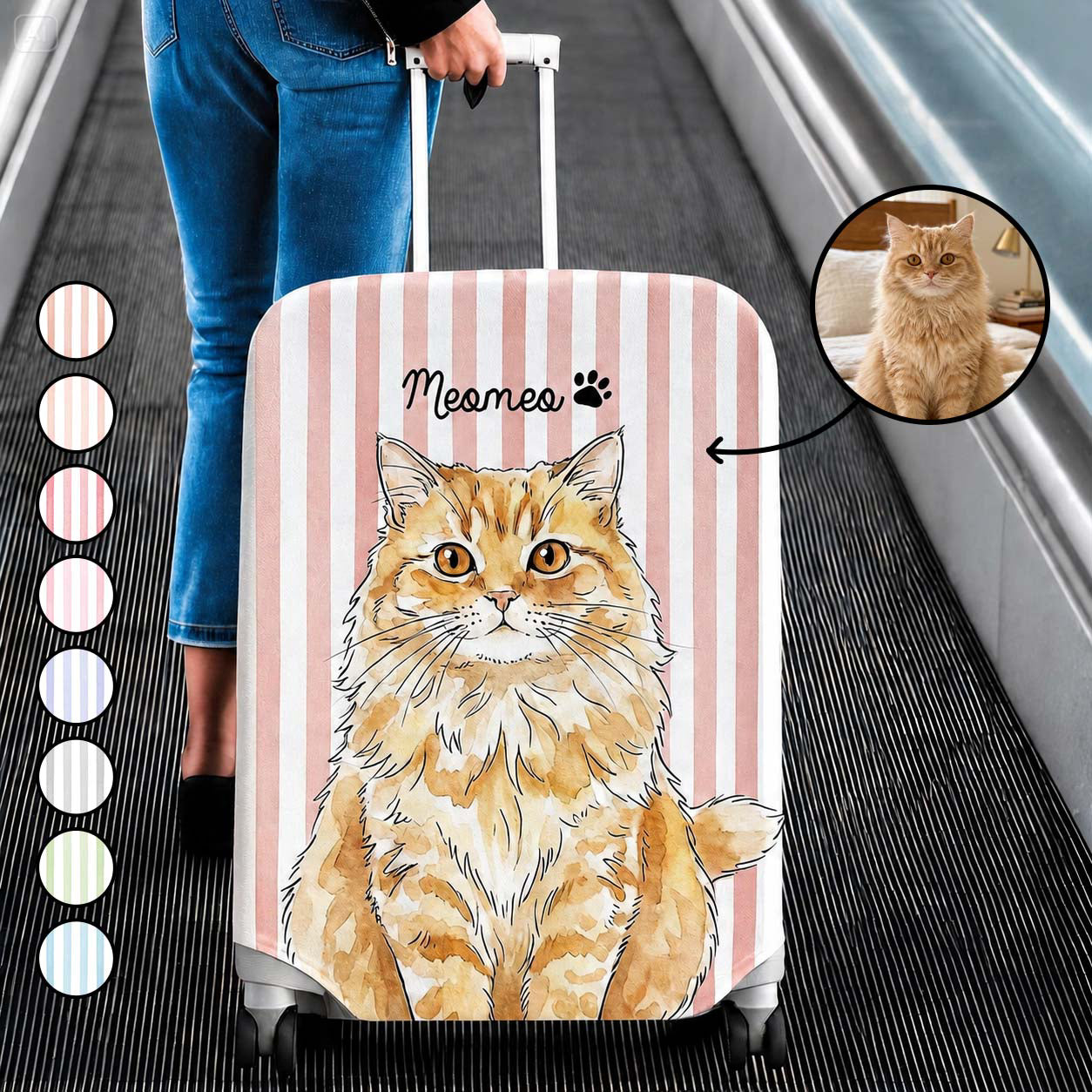 Custom Striped Pattern Watercolor Pet Portrait - Personalized Luggage Cover
