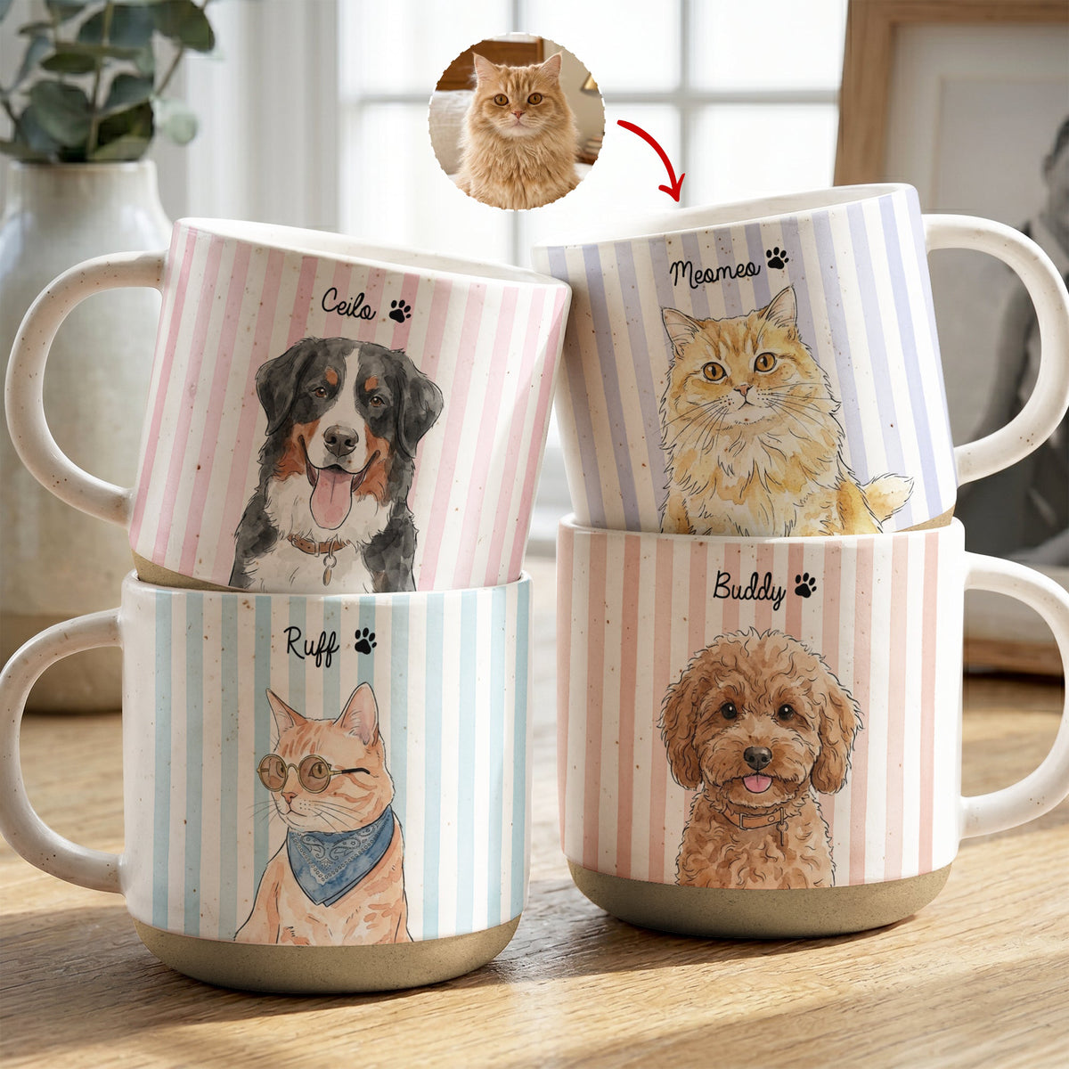 Custom Striped Pet Pottery Mug Watercolor Art - Personalized Mug
