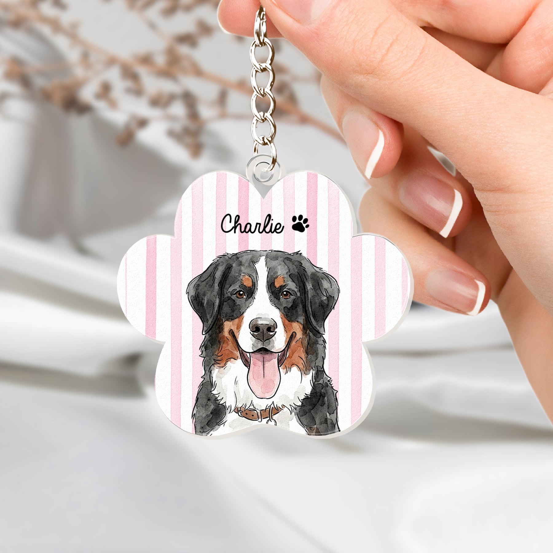 Custom Striped Watercolor Pet Portrait Keyring - Personalized Keychain
