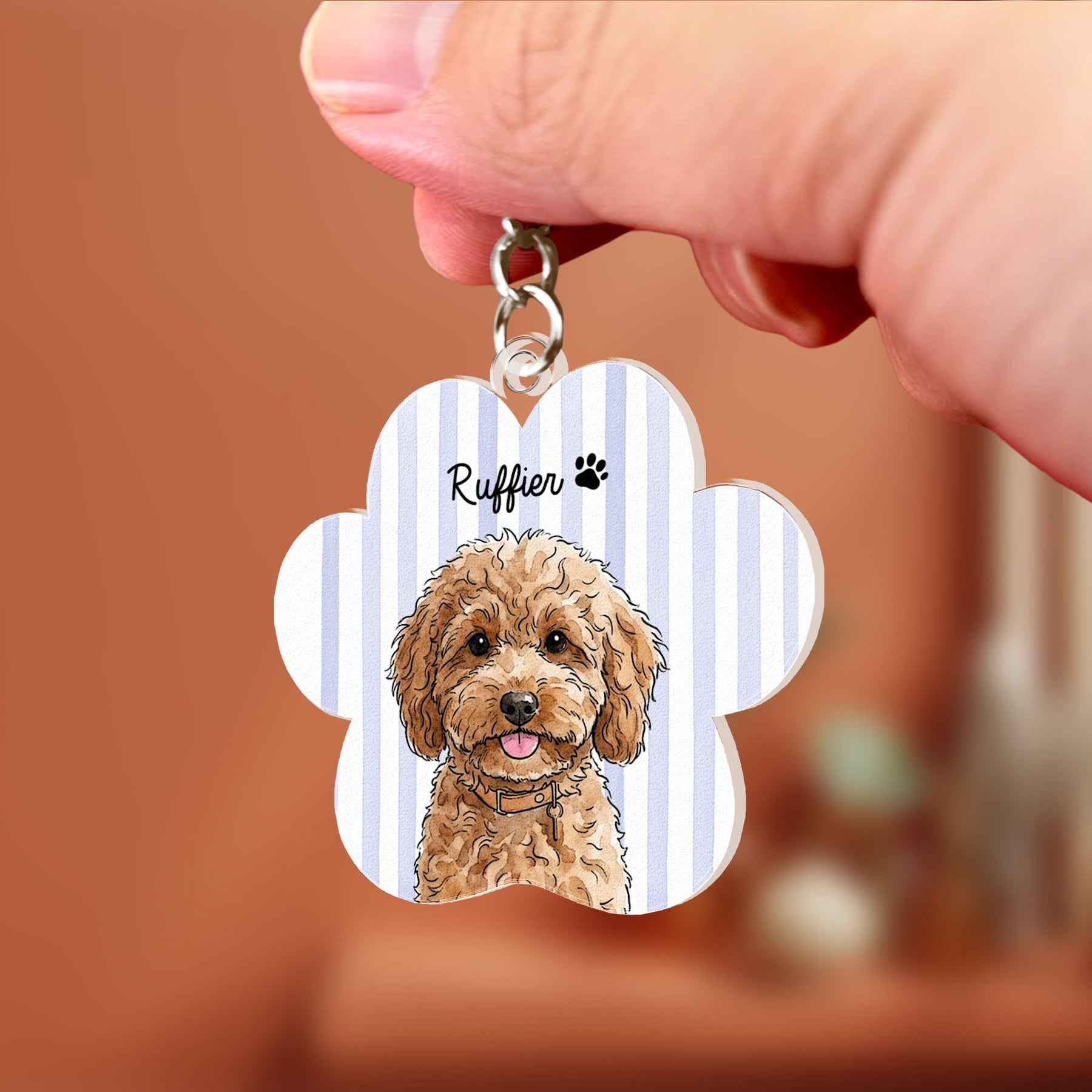 Custom Striped Watercolor Pet Portrait Keyring - Personalized Keychain