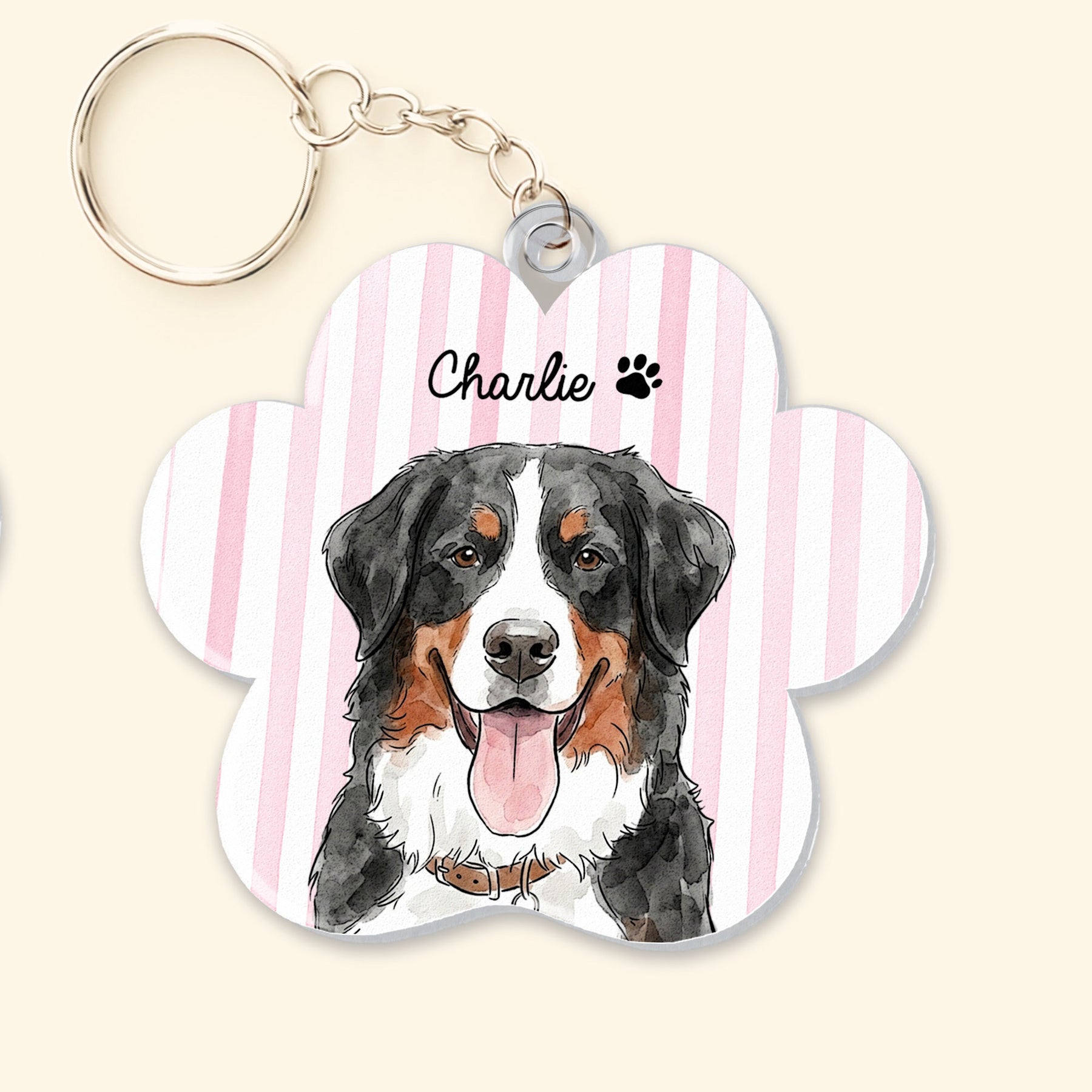 Custom Striped Watercolor Pet Portrait Keyring - Personalized Keychain
