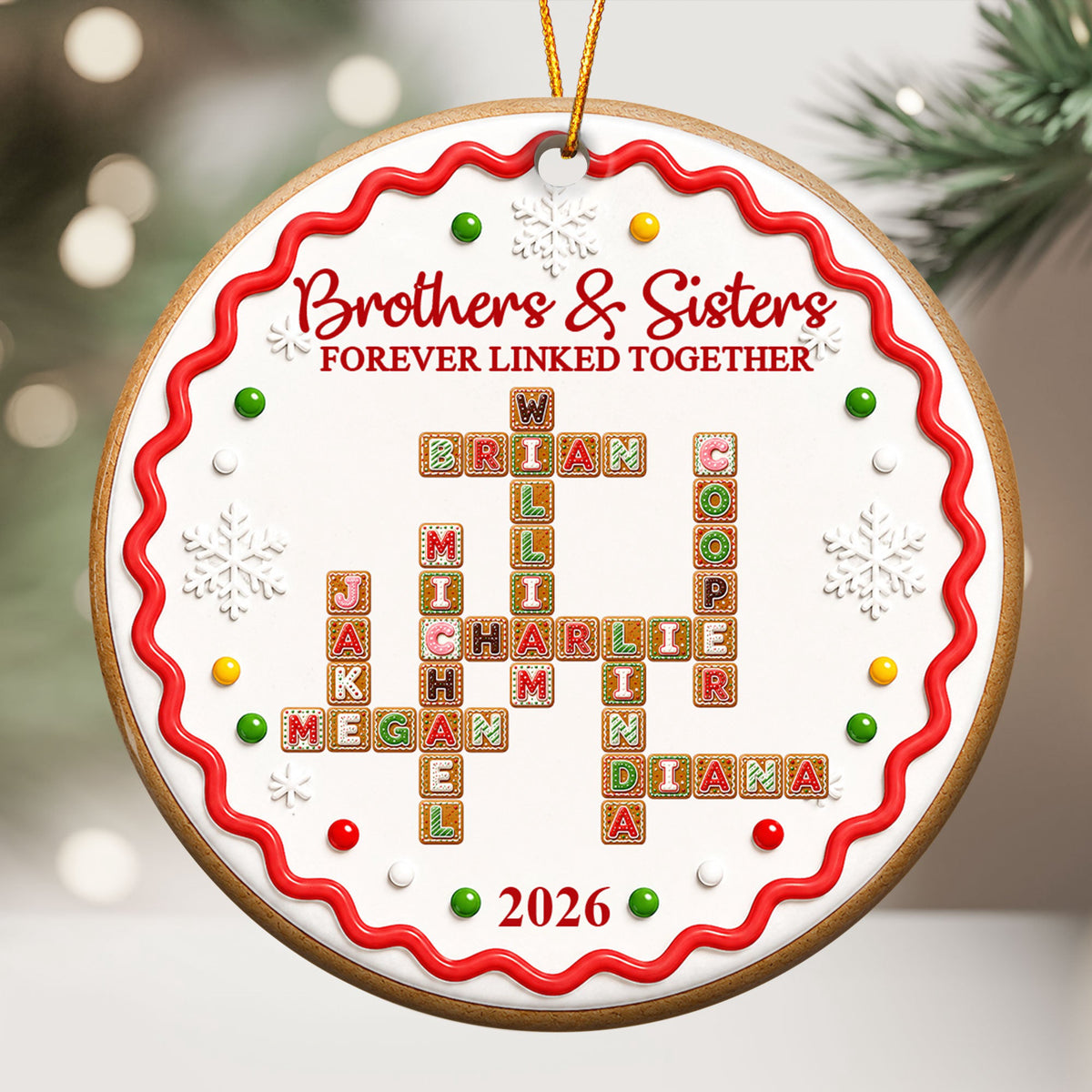 Family Forever - Custom Crossword Scrabble - Gingerbread Style - Personalized Ornament
