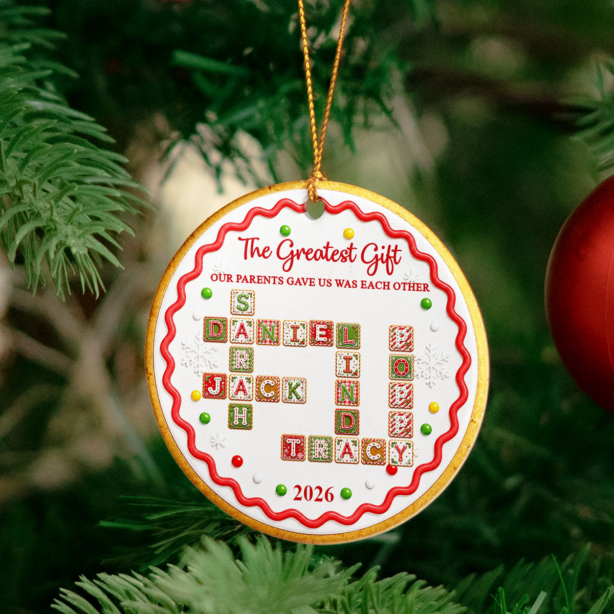 Family Forever Sibling Gifts Custom Crosswords - Christmas Gingerbread Style - Personalized Ornament