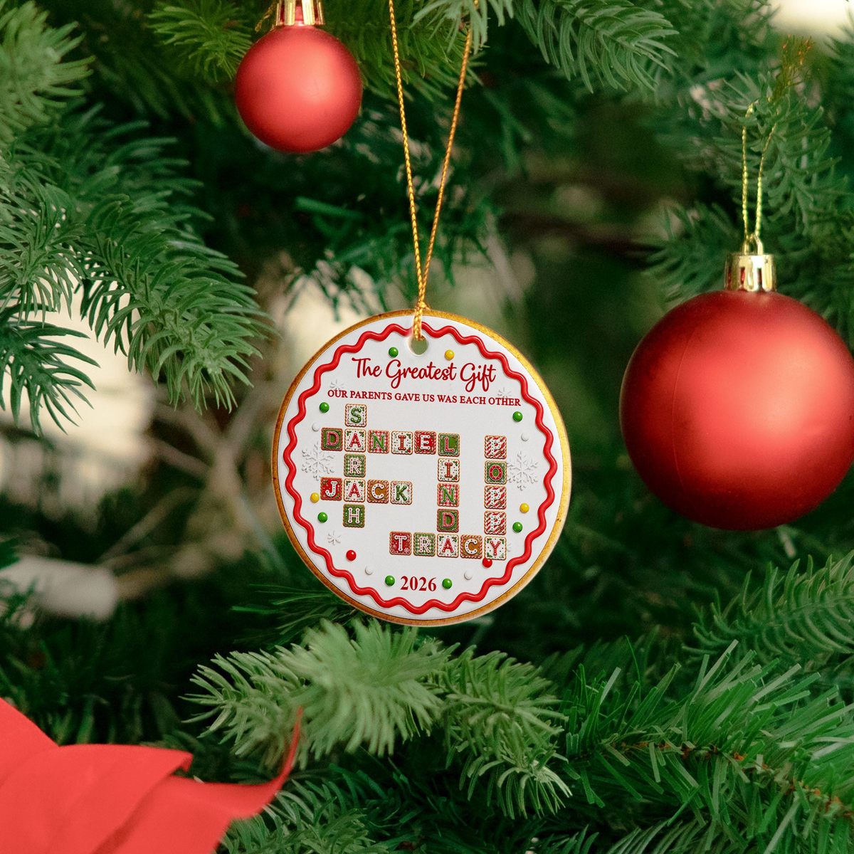 Family Forever Sibling Gifts Custom Crosswords - Christmas Gingerbread Style - Personalized Ornament
