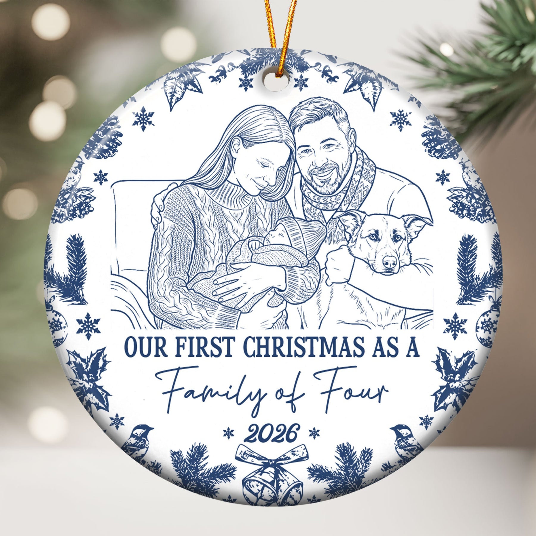 First Christmas As A Family Of Three, Four, Five Custom Photo Sketch Art - Personalized Ornament 2