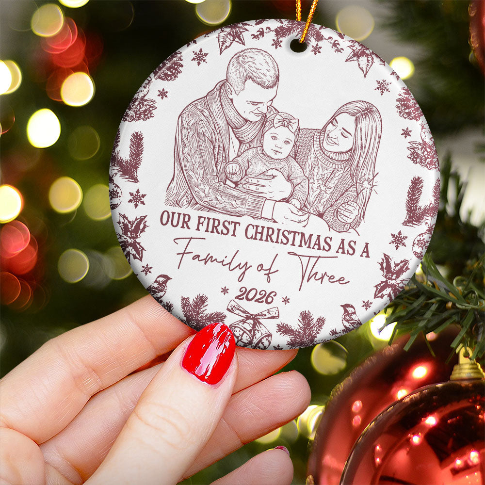 First Christmas As A Family Of Three, Four, Five Custom Photo Sketch Art - Personalized Ornament