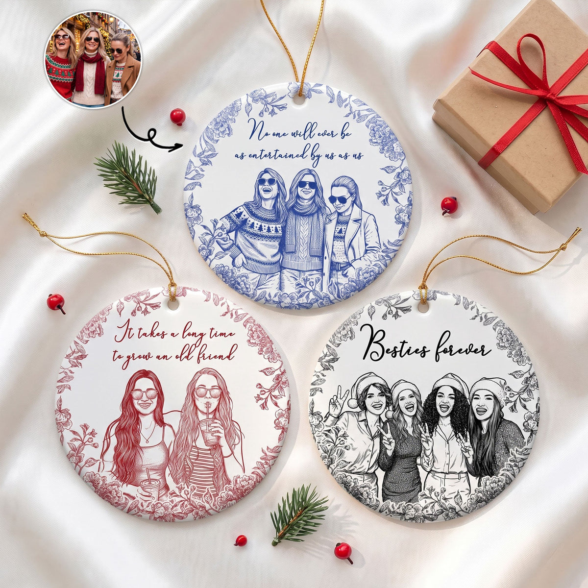 Friendship Sketch Line Art Christmas Gifts For Friends, Sisters - Personalized Ornament