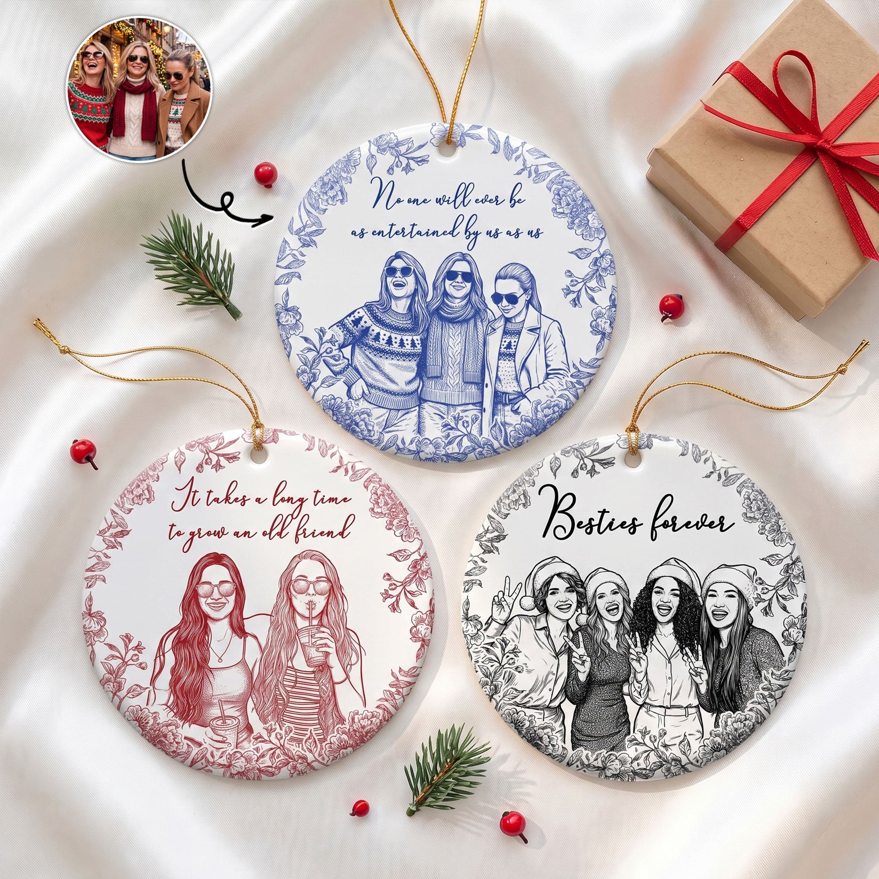 Friendship Sketch Line Art Christmas Gifts For Friends, Sisters - Personalized Ornament