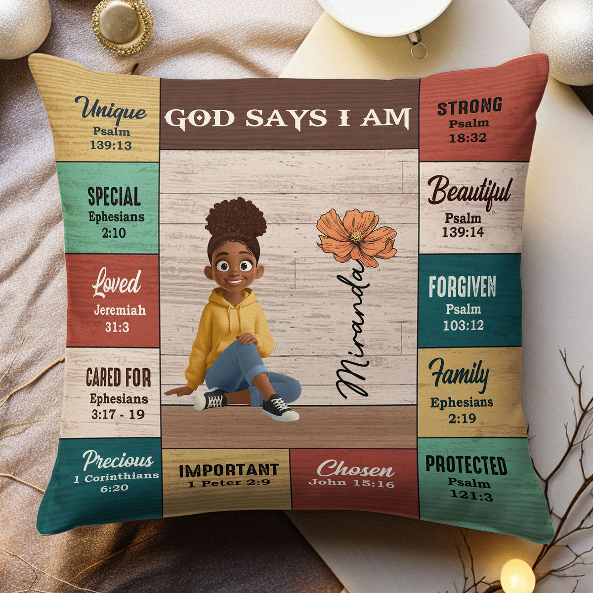 God Says I Am Custom Birth Flower, Name & Character Bible Verses - Personalized Pillow